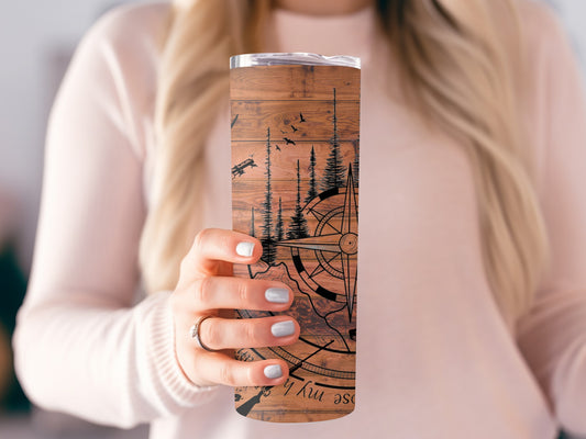 Rustic Woodgrain Compass Design Insulated Tumbler Cup