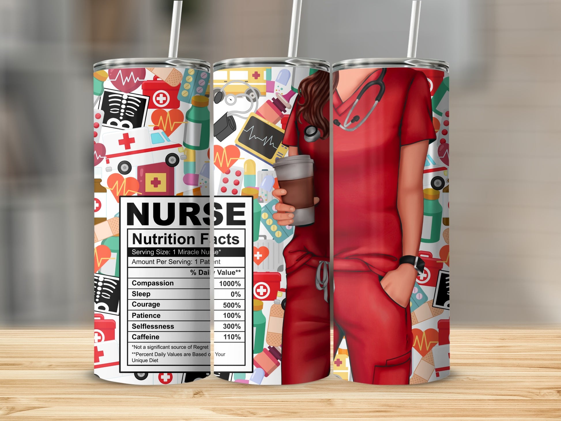 Nurse tumbler with "Nutrition Facts" label in red scrubs pattern.