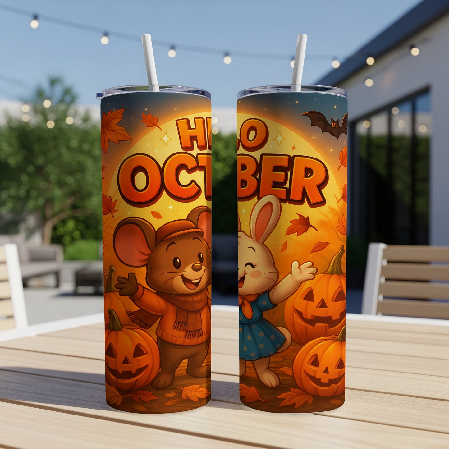 Tumblers featuring a mouse and bunny with pumpkins and the text "Hello October".