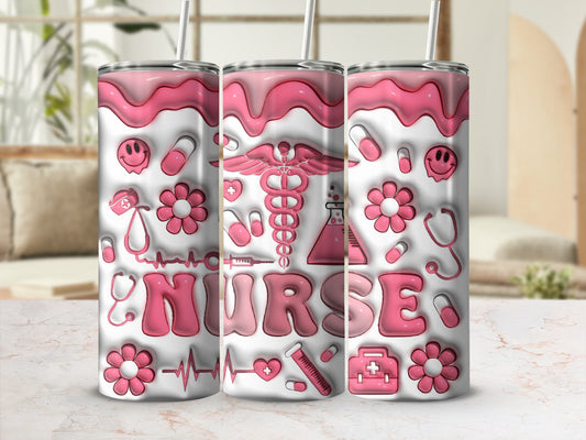 Nurse tumbler with medical icons and pink wavy design.