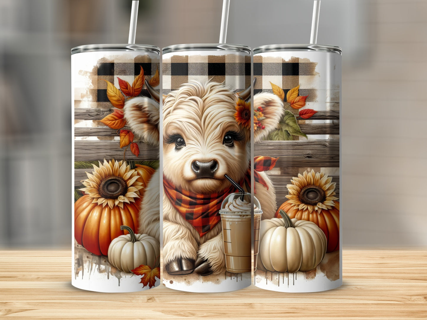 White calf with pumpkins, sunflowers, and plaid background on a tumbler.