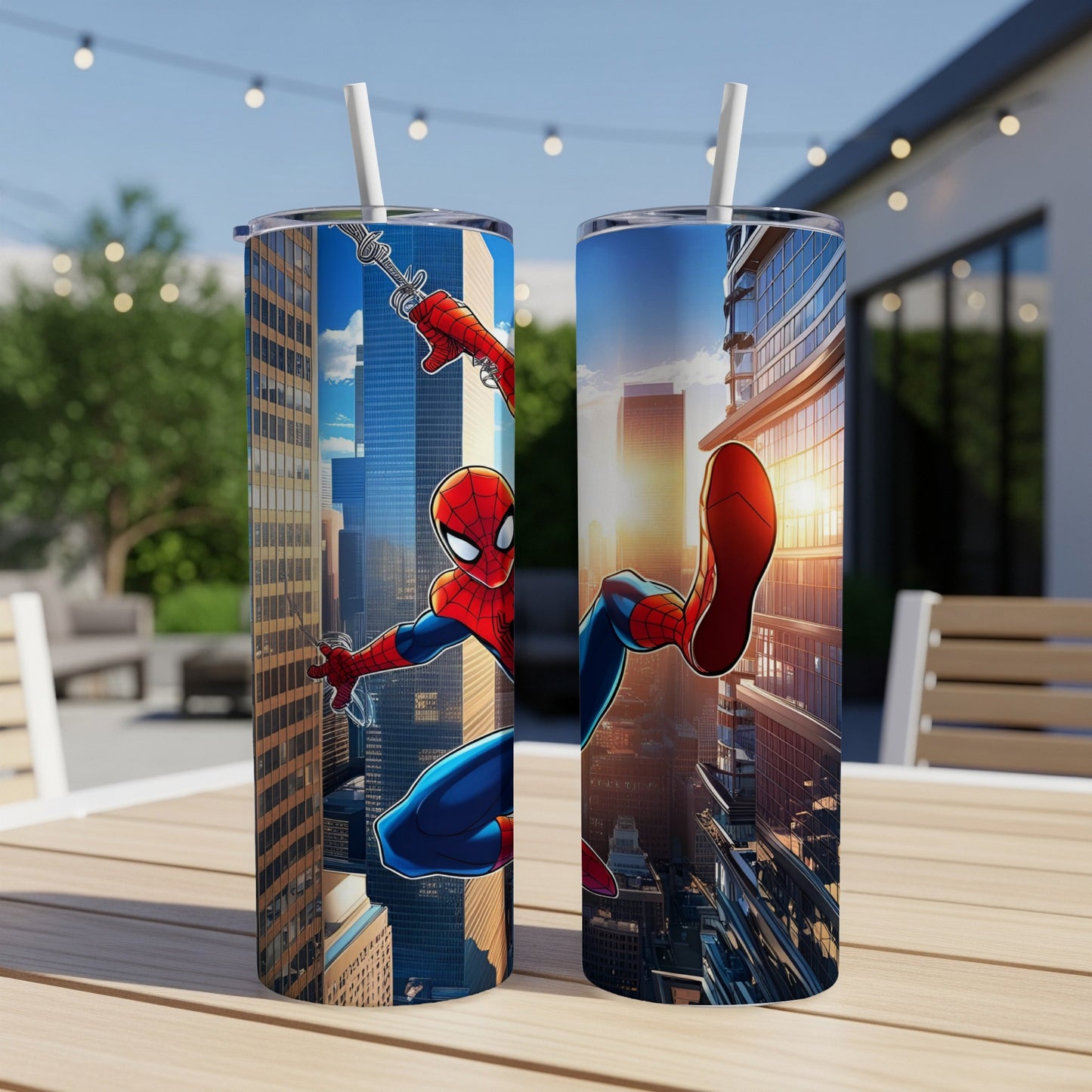 Spider-Man in action pose on a cityscape background, on a tumbler.
