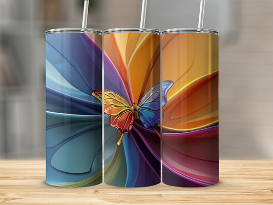Three tumblers with colorful abstract butterfly designs.