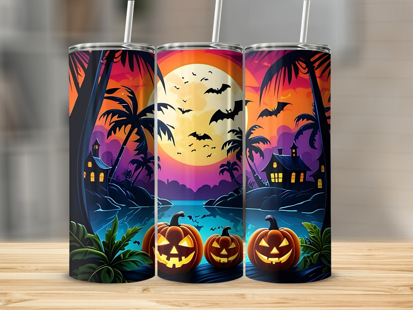 Three tumblers display a colorful Halloween scene with pumpkins, palm trees, and bats.