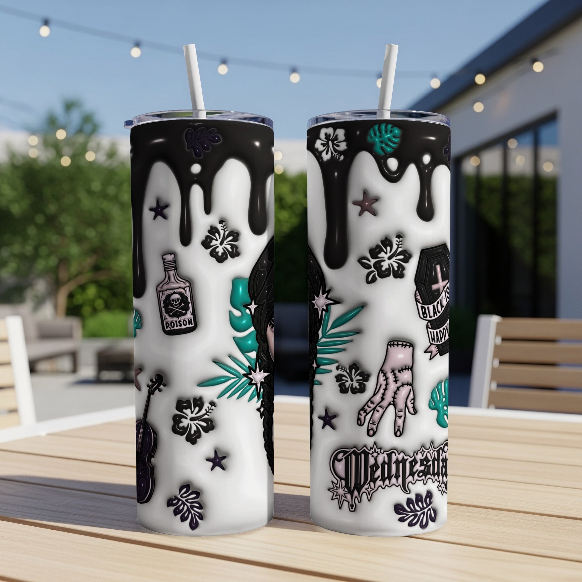 Two tumblers with a black drip design and Wednesday Addams themed icons.
