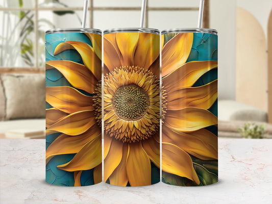 Three tumblers featuring a close-up illustration of a sunflower.