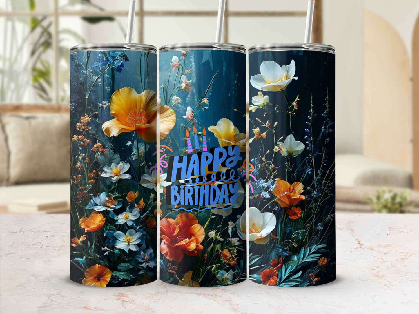 Tall tumbler with blue floral and "Happy Birthday" text design.