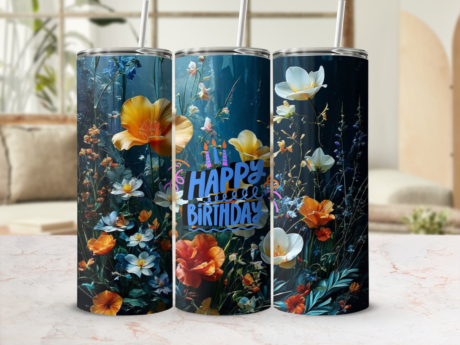Tall tumbler with blue floral and "Happy Birthday" text design.
