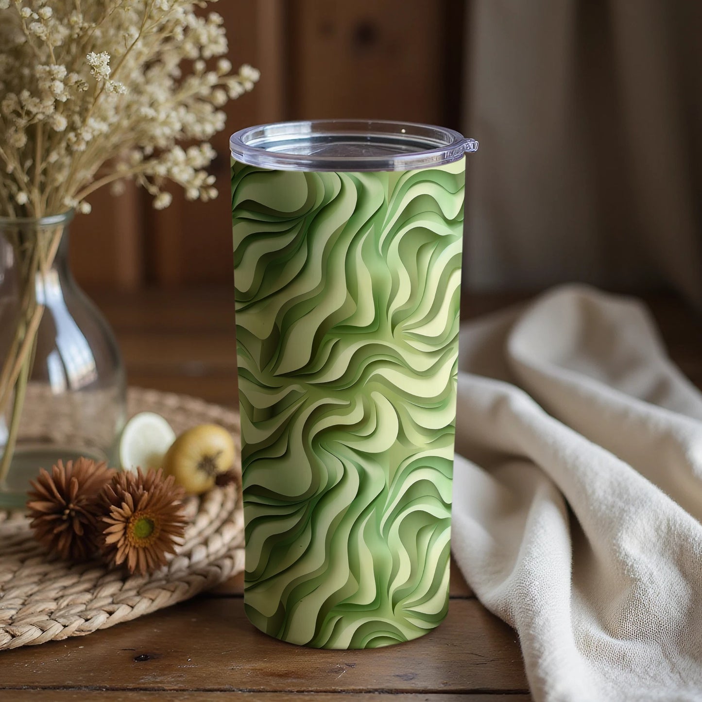 Green Swirl Pattern Insulated Tumbler with Lid