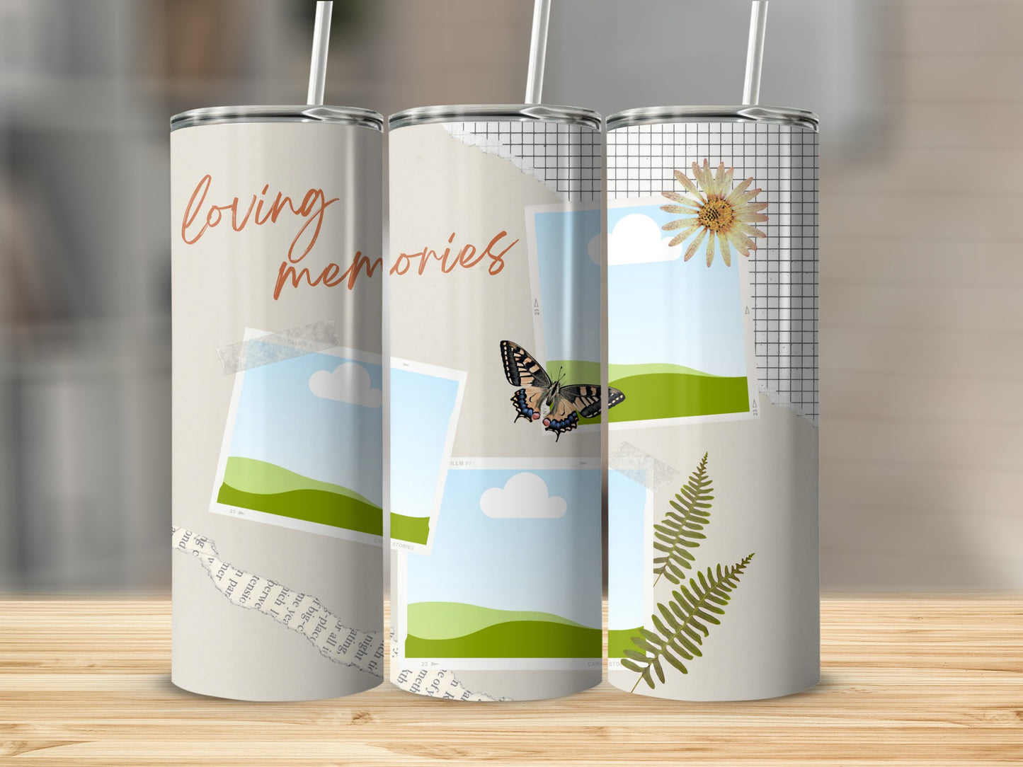Tumbler with "loving memories" text, photo frames, butterfly, flower, and fern designs.