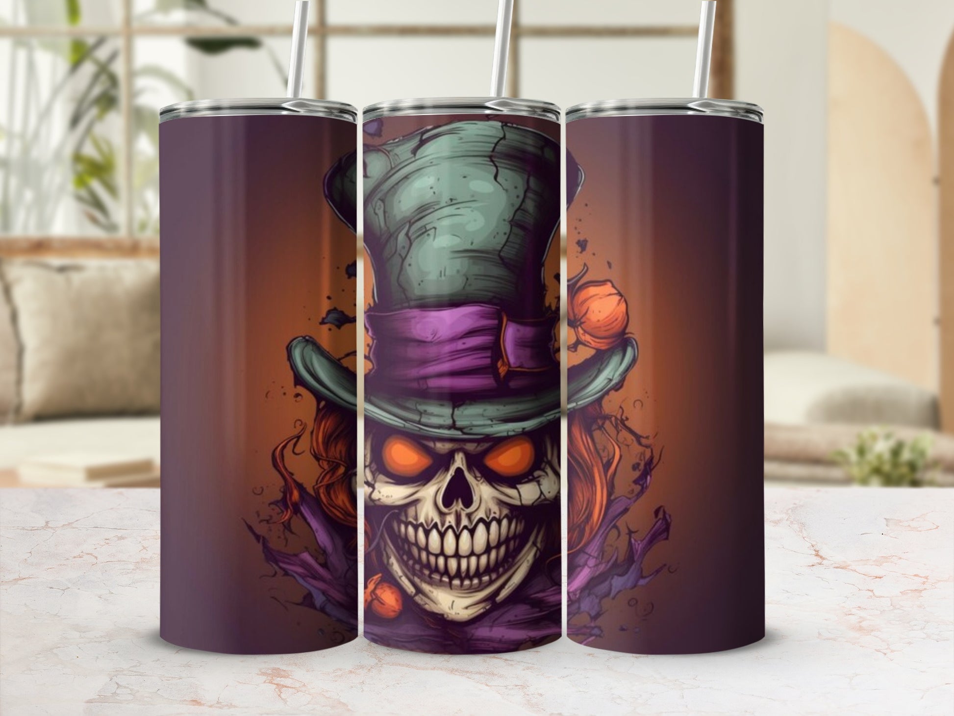 Spooky Skull with Top Hat Design Tumbler Cup