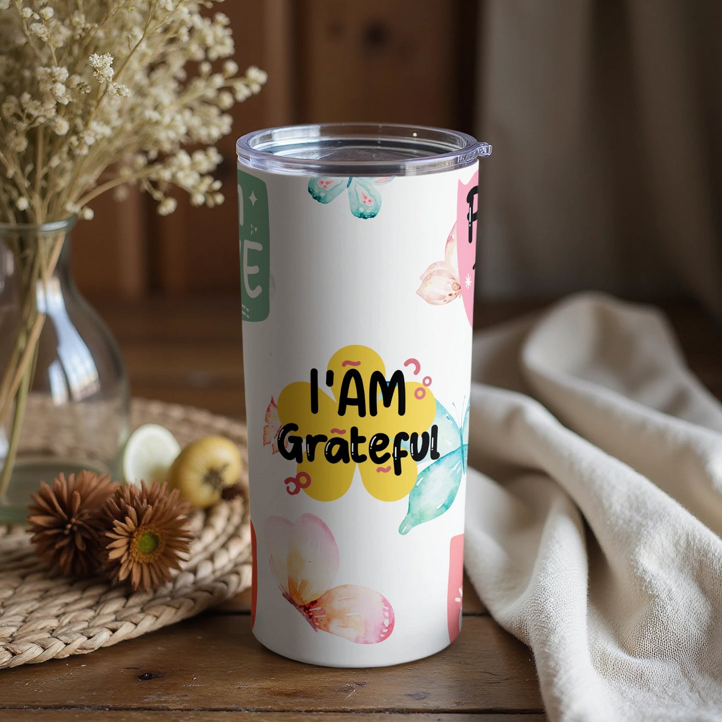 I Am Grateful Butterflies Art Tumbler Cup