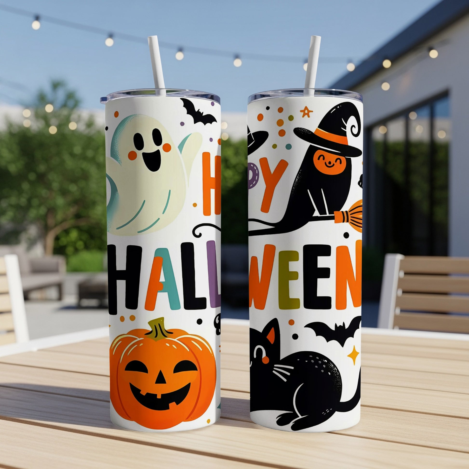 Two tumblers with "Happy Halloween" text and Halloween-themed graphics including a ghost, pumpkin, cat, witch hat, and bats.