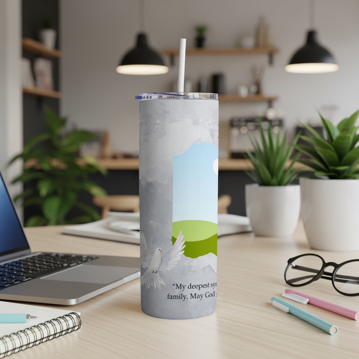 Tumbler with dove, sky, and text "My deepest sympathies to family. May God".