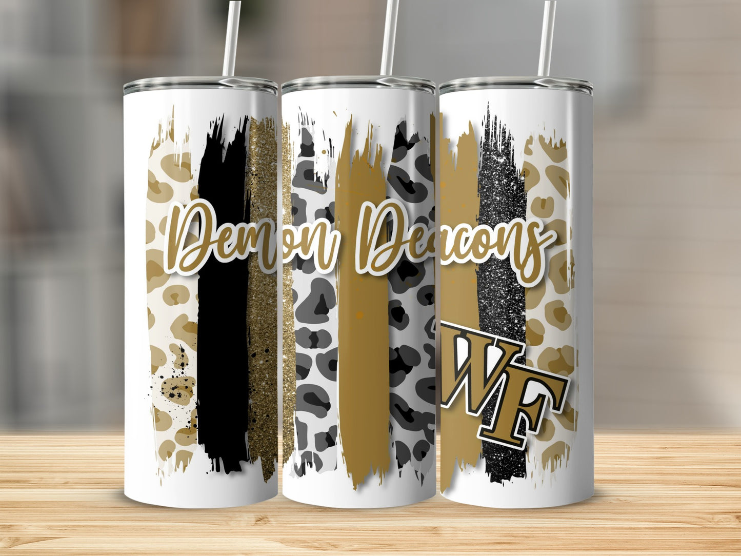 Demon Deacons WF Leopard Gold Black Brushstrokes Tumblers
