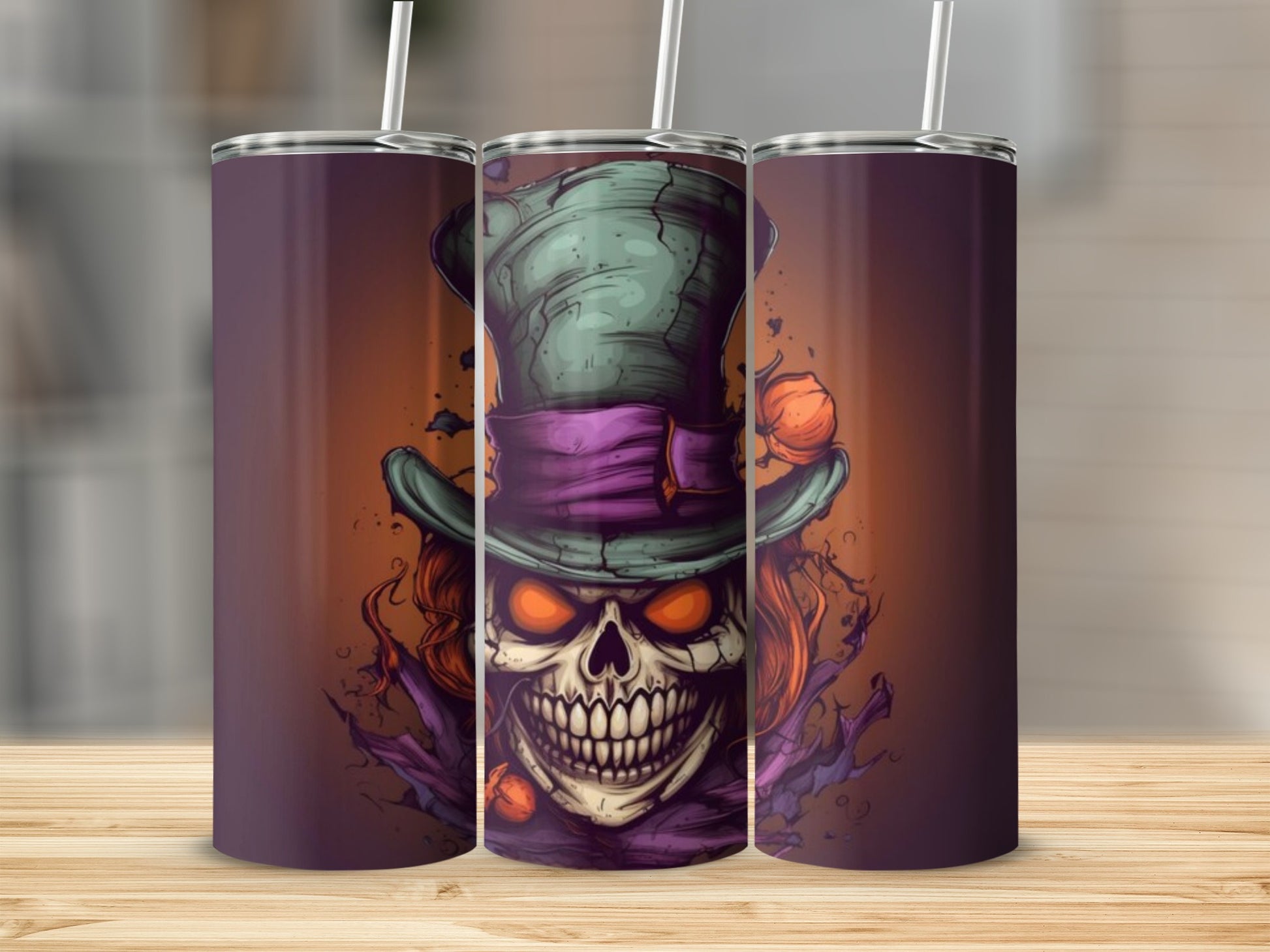 Three tumblers featuring a stylized skull wearing a top hat and glowing eyes.