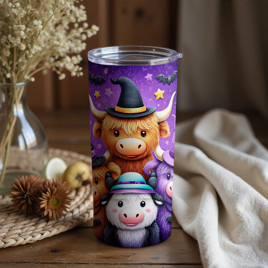 Adorable Halloween Cow Tumbler with Witch Hats