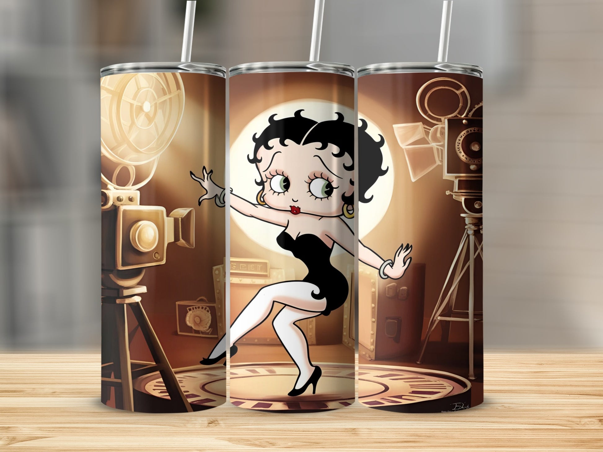Betty Boop in a black dress dancing on a stage with spotlights and cameras.