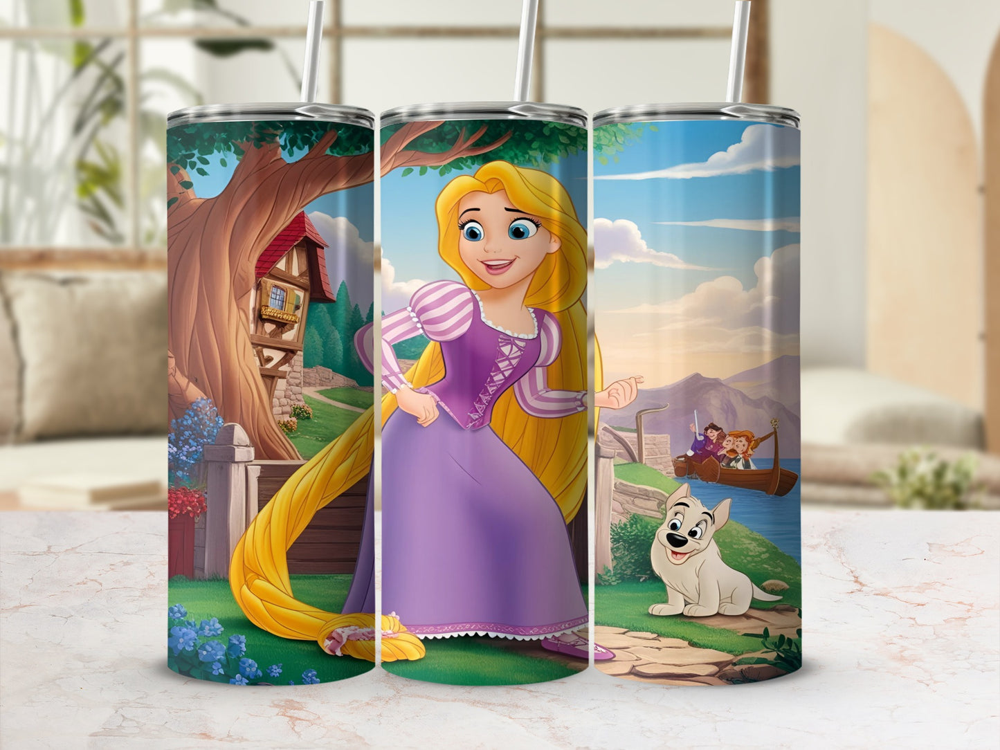 Rapunzel in purple dress with long blonde hair, Pascal, and Maximus on a boat.