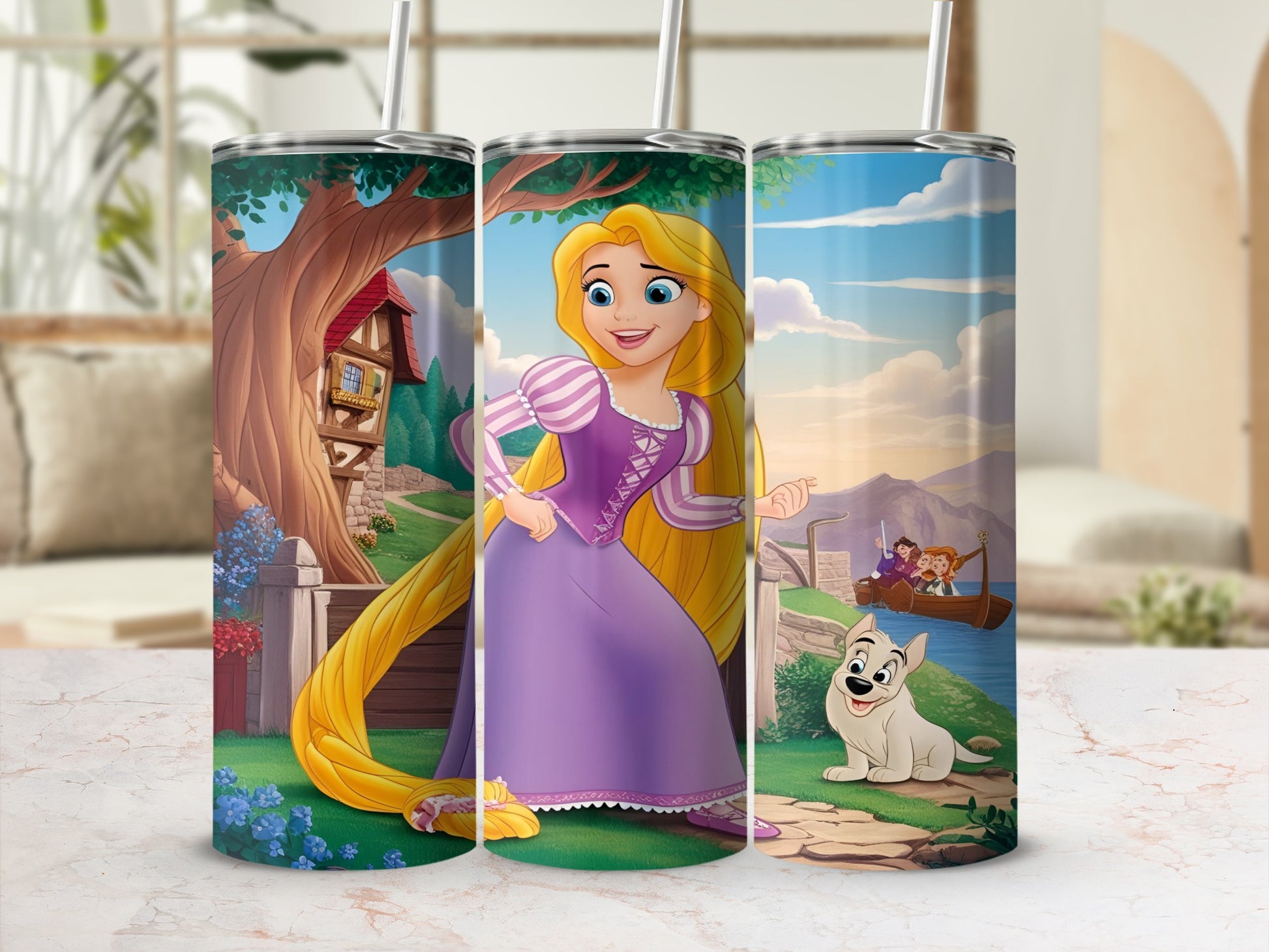 Rapunzel in purple dress with long blonde hair, Pascal, and Maximus on a boat.
