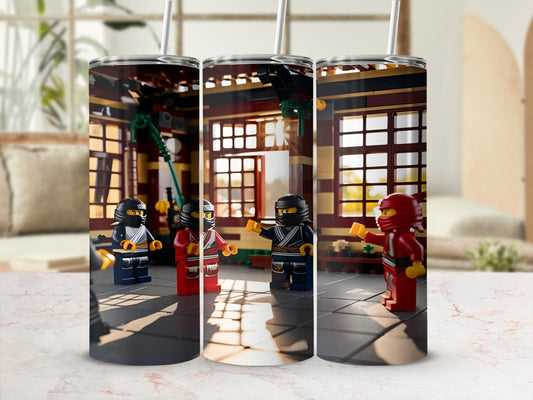 Three Lego Ninjago characters in a room with wooden beams and sunlight.