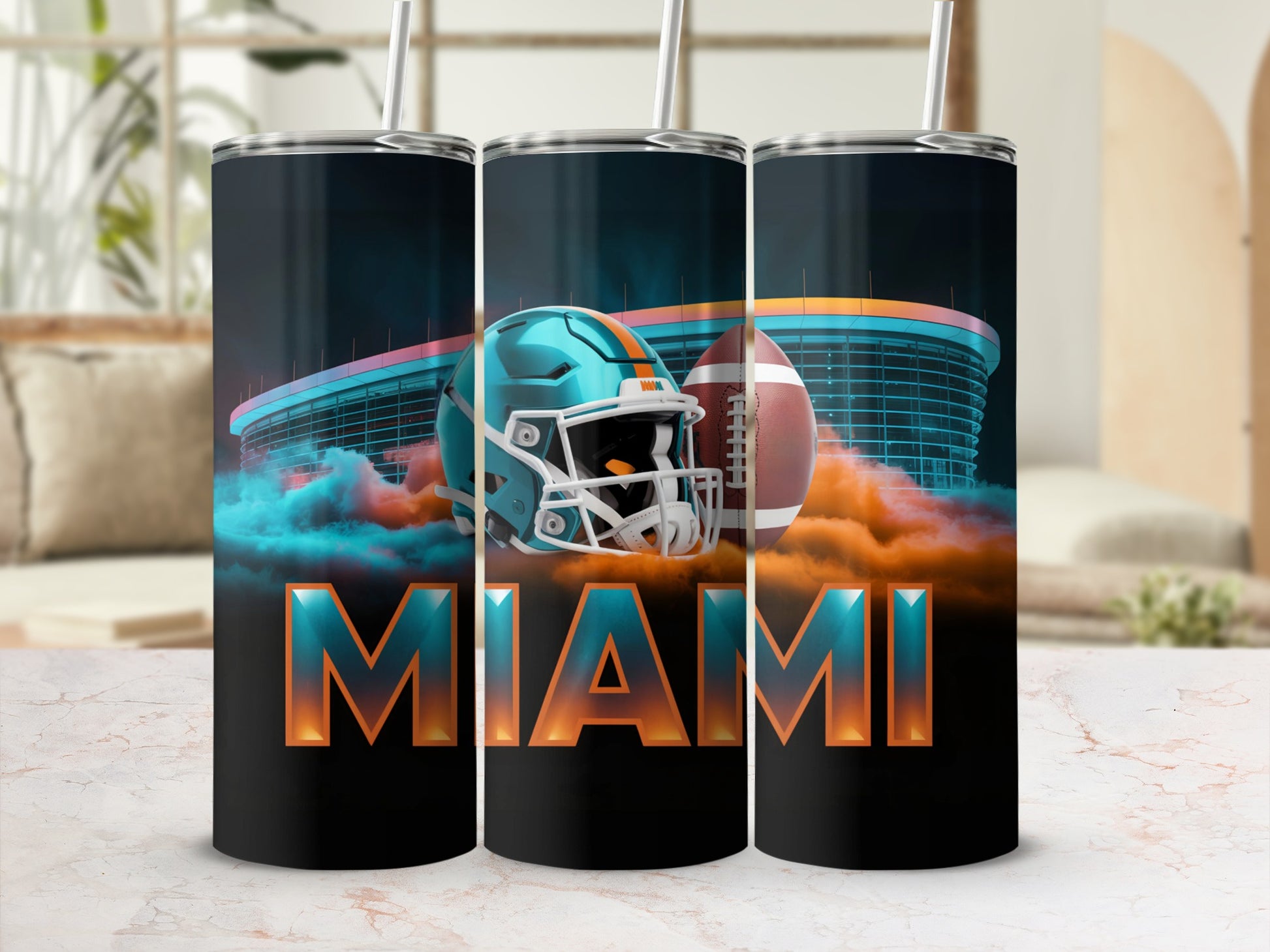 Miami Dolphins helmet and football on stadium background, featuring "MIAMI" text.
