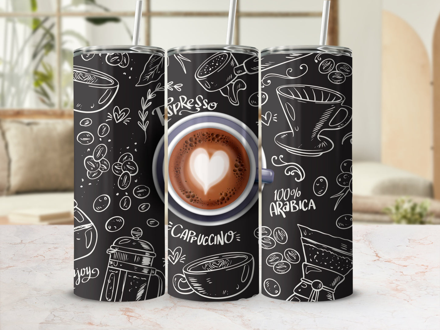 Coffee Theme Stainless Steel Tumbler with Straw Flask