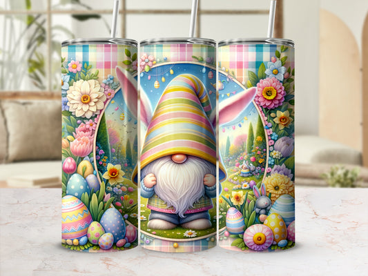 Three gnome tumblers with Easter eggs, flowers, and plaid patterns.