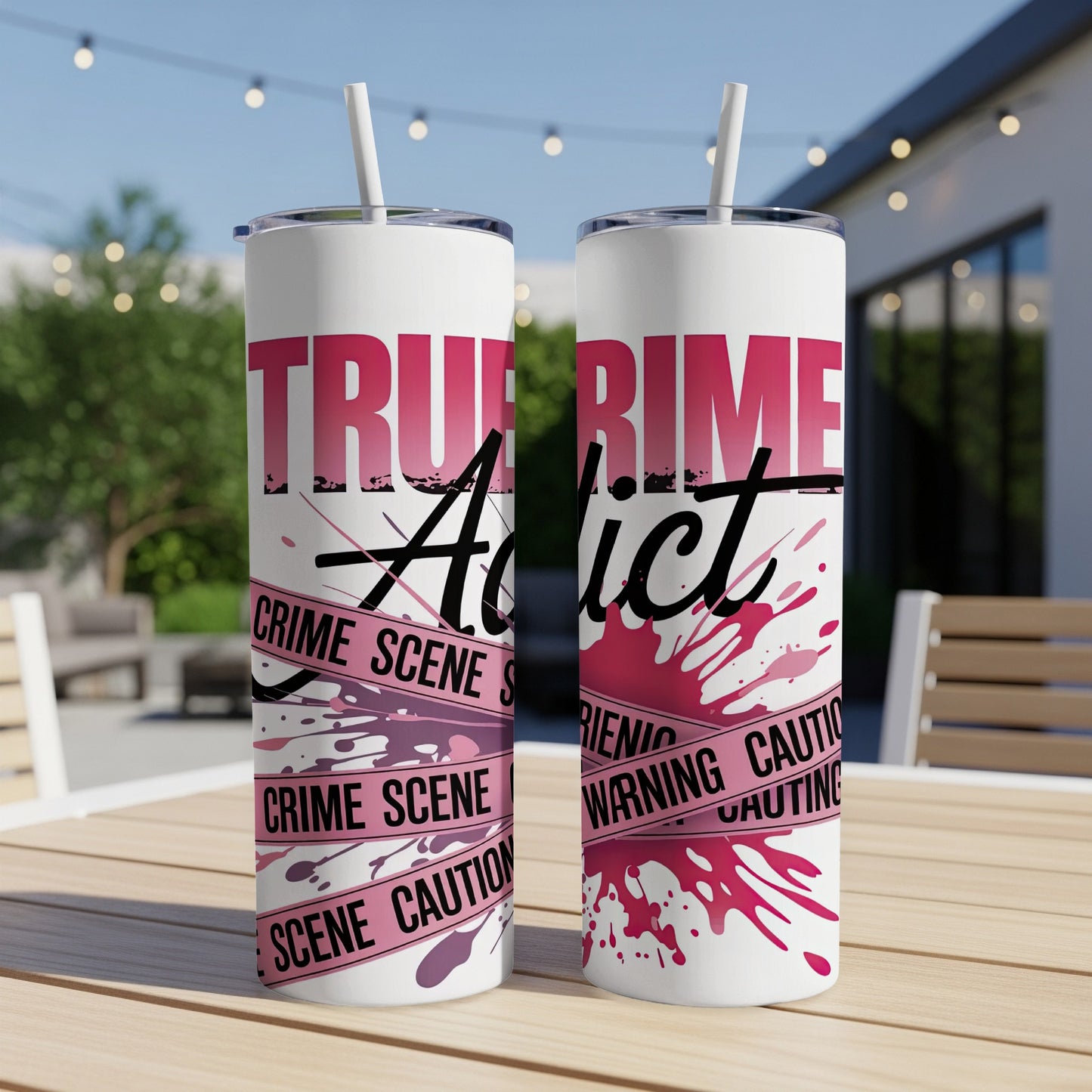 Pink and white tumbler with "True Crime Addict" and "Crime Scene" text.