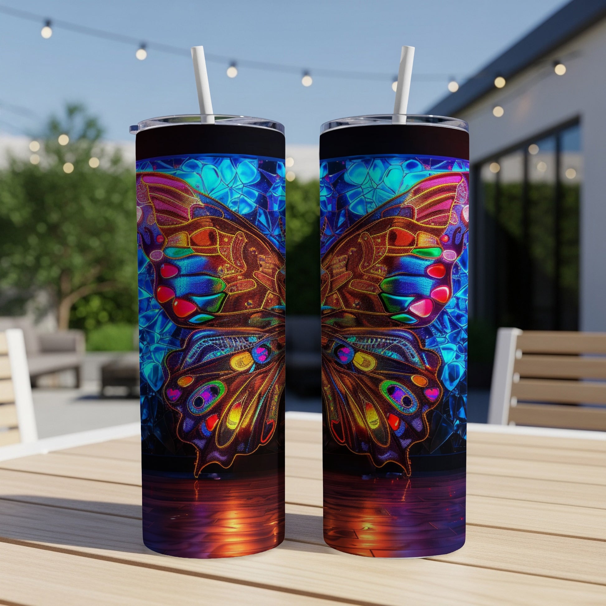 Colorful stained-glass butterfly on two tumblers with straws on an outdoor table.