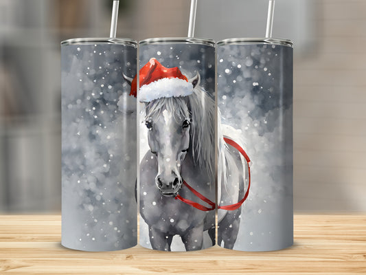 Three tumblers with a watercolor painting of a gray horse wearing a Santa hat.