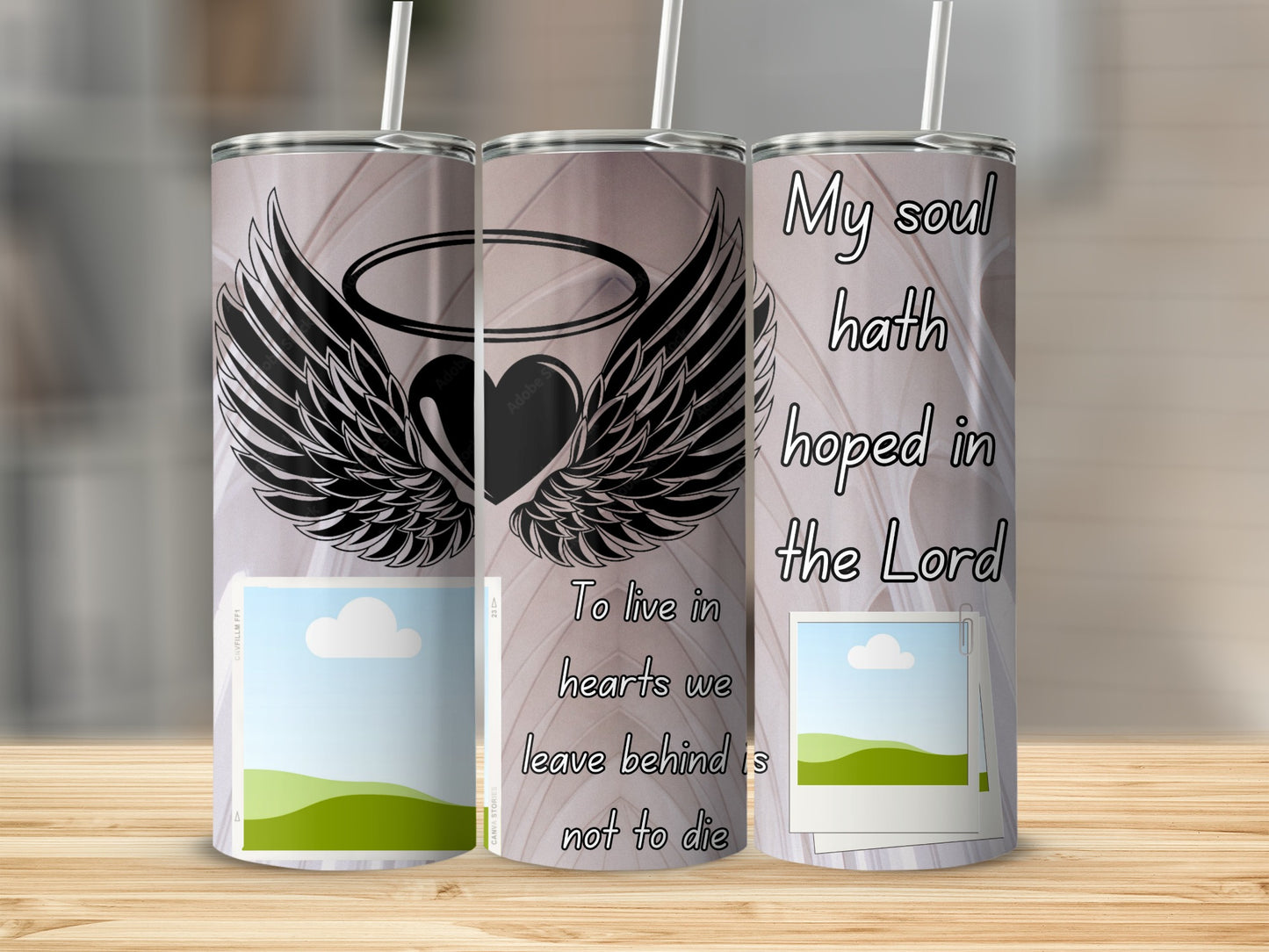 Tumblers with angel wings, heart, halo, and religious text.