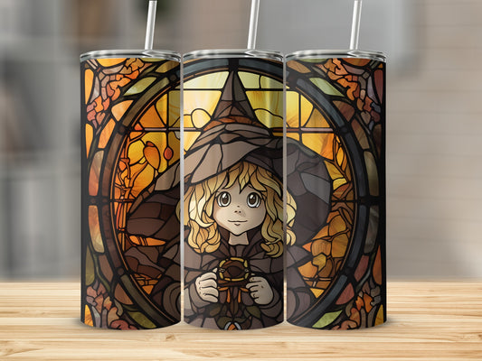 Stained glass tumbler featuring a witch in a pointed hat.