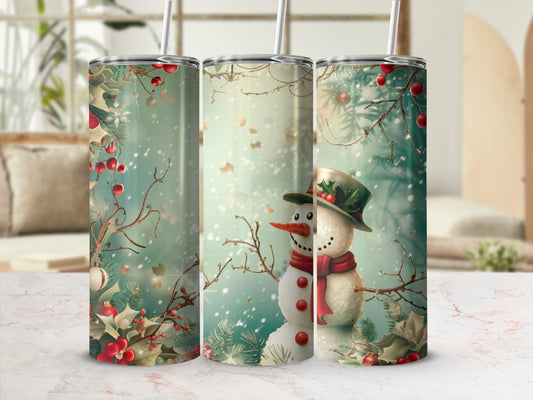Snowman tumbler with red scarf and green hat, surrounded by holly and snow.