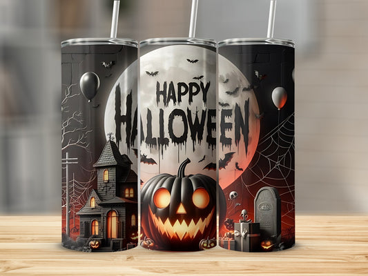 Three tumblers featuring spooky Halloween designs with a haunted house, jack-o'-lantern, and bats.