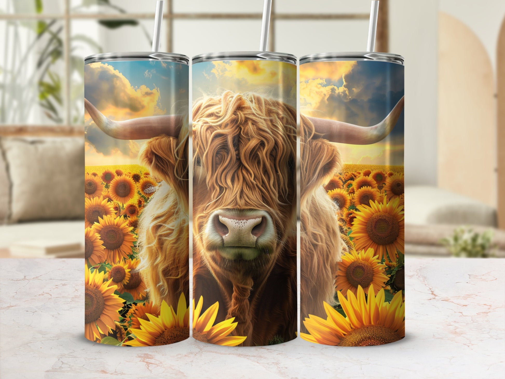 Highland cow in a sunflower field.