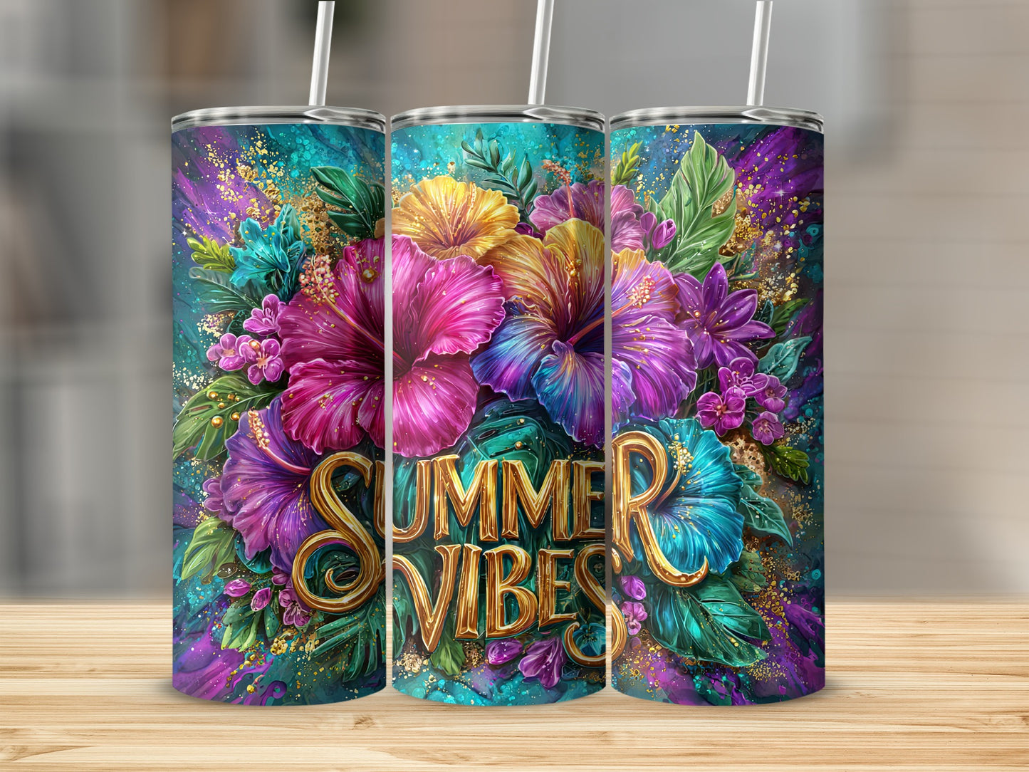 Vibrant Tropical Floral Summer Vibes Tumbler Design