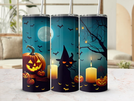 Three tumblers with Halloween designs of pumpkins, bats, candles, and a witch.