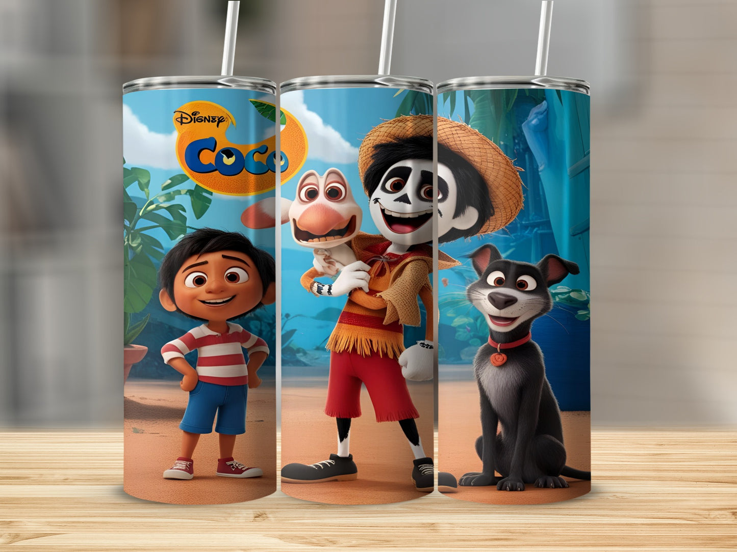 Miguel, Hector, and Dante from Disney's Coco on a tumbler.