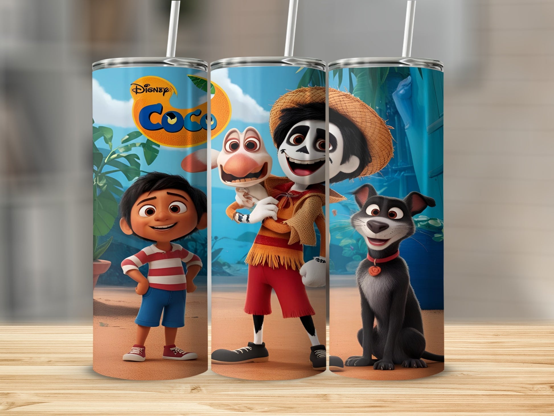 Miguel, Hector, and Dante from Disney's Coco on a tumbler.