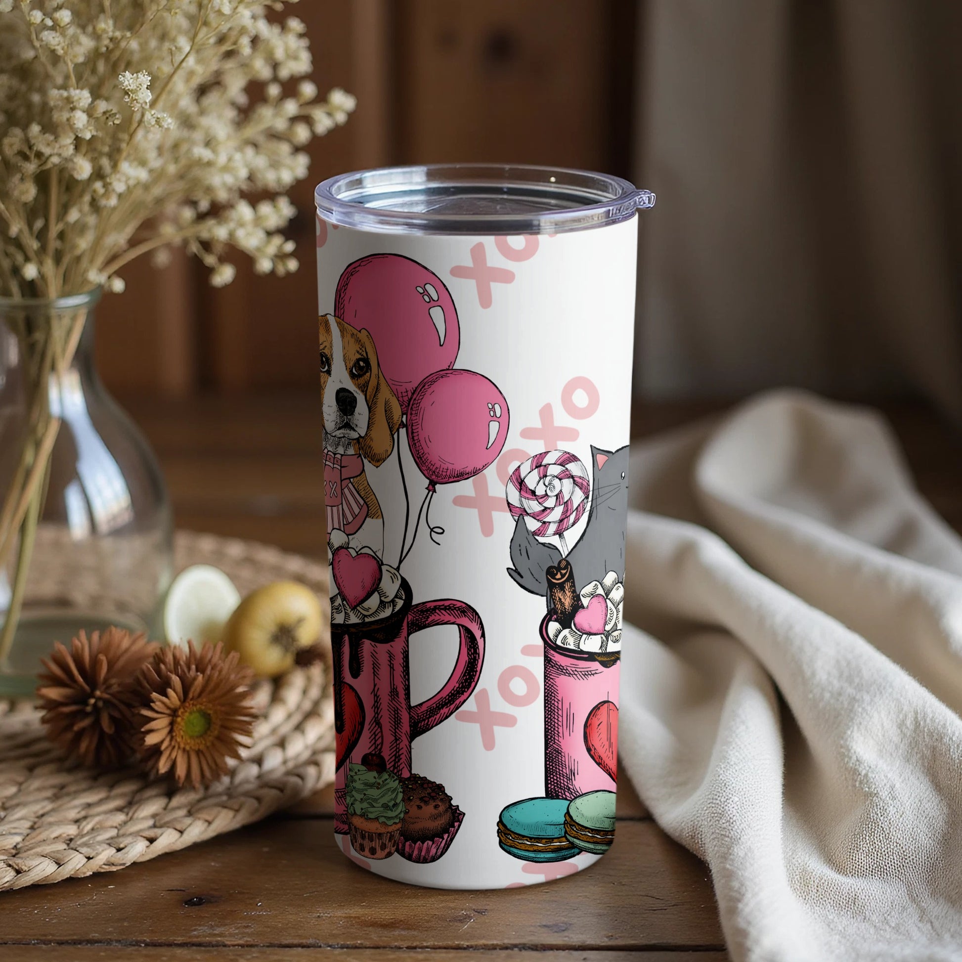 Cute Dog and Cat with Macarons and Balloons Tumbler