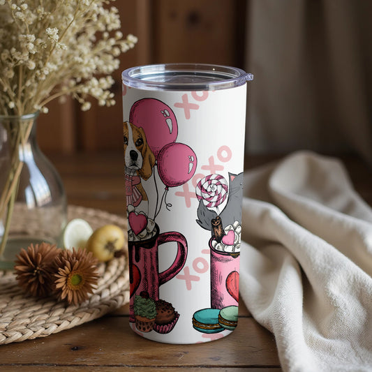Cute Dog and Cat with Macarons and Balloons Tumbler
