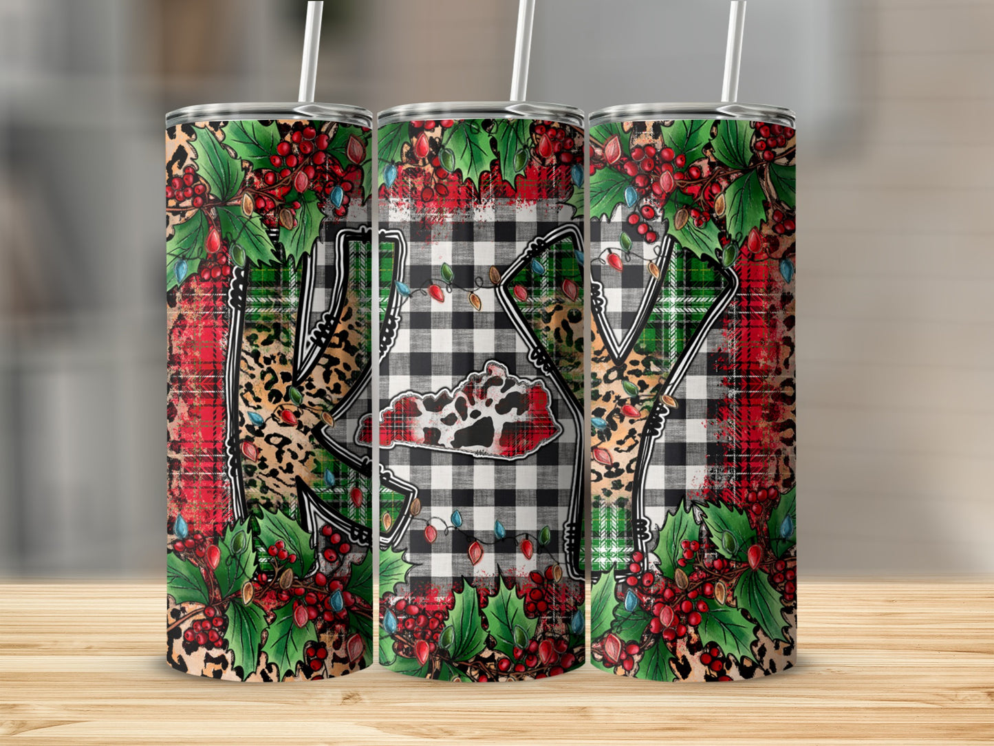 Kentucky outline on plaid and leopard print tumbler with holly and berries.