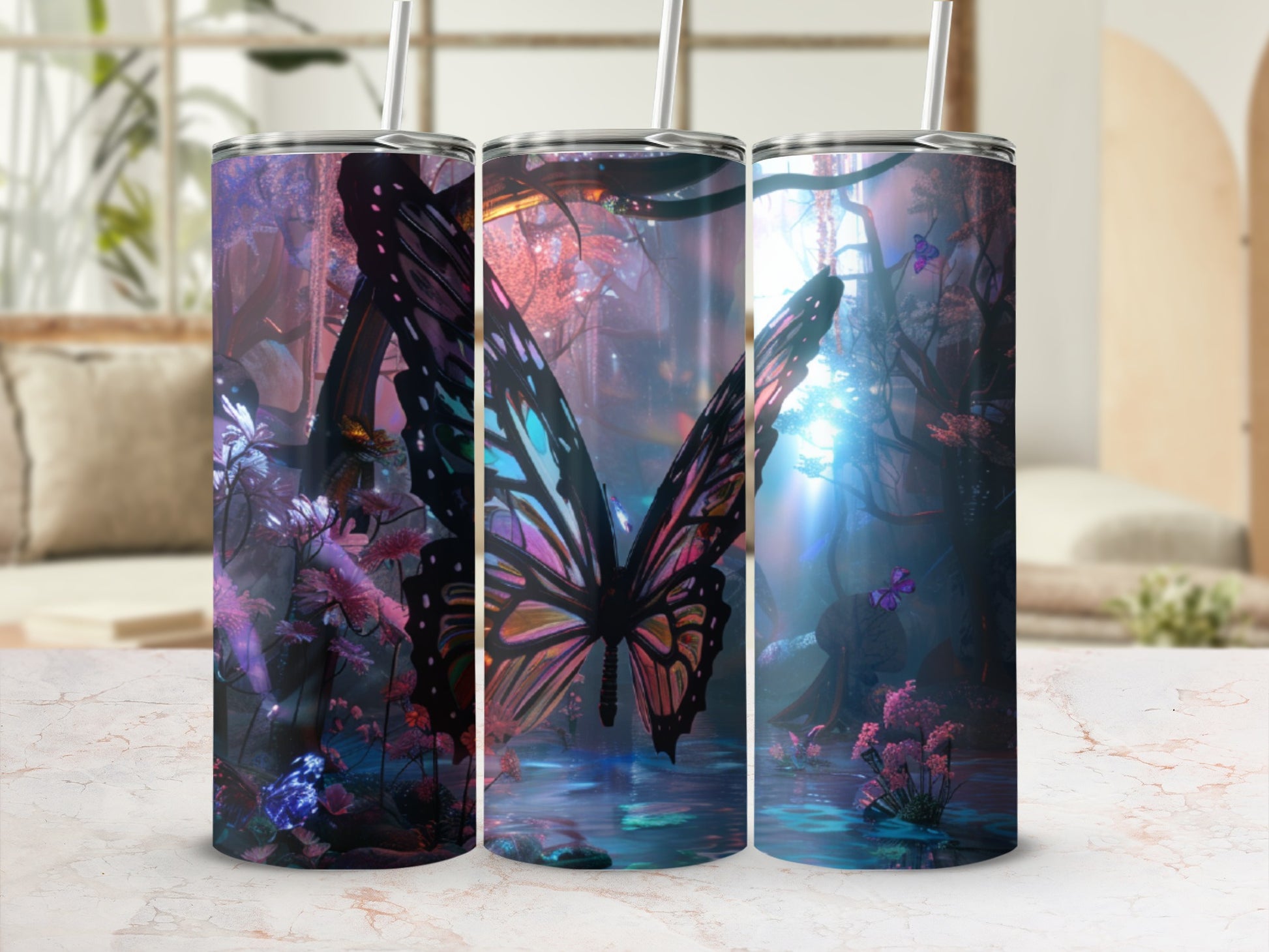 Fantasical forest scene with large iridescent butterfly and glowing flora.