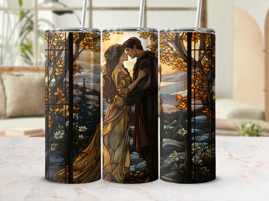 Couple embracing beneath trees with stained glass effect on a tumbler.