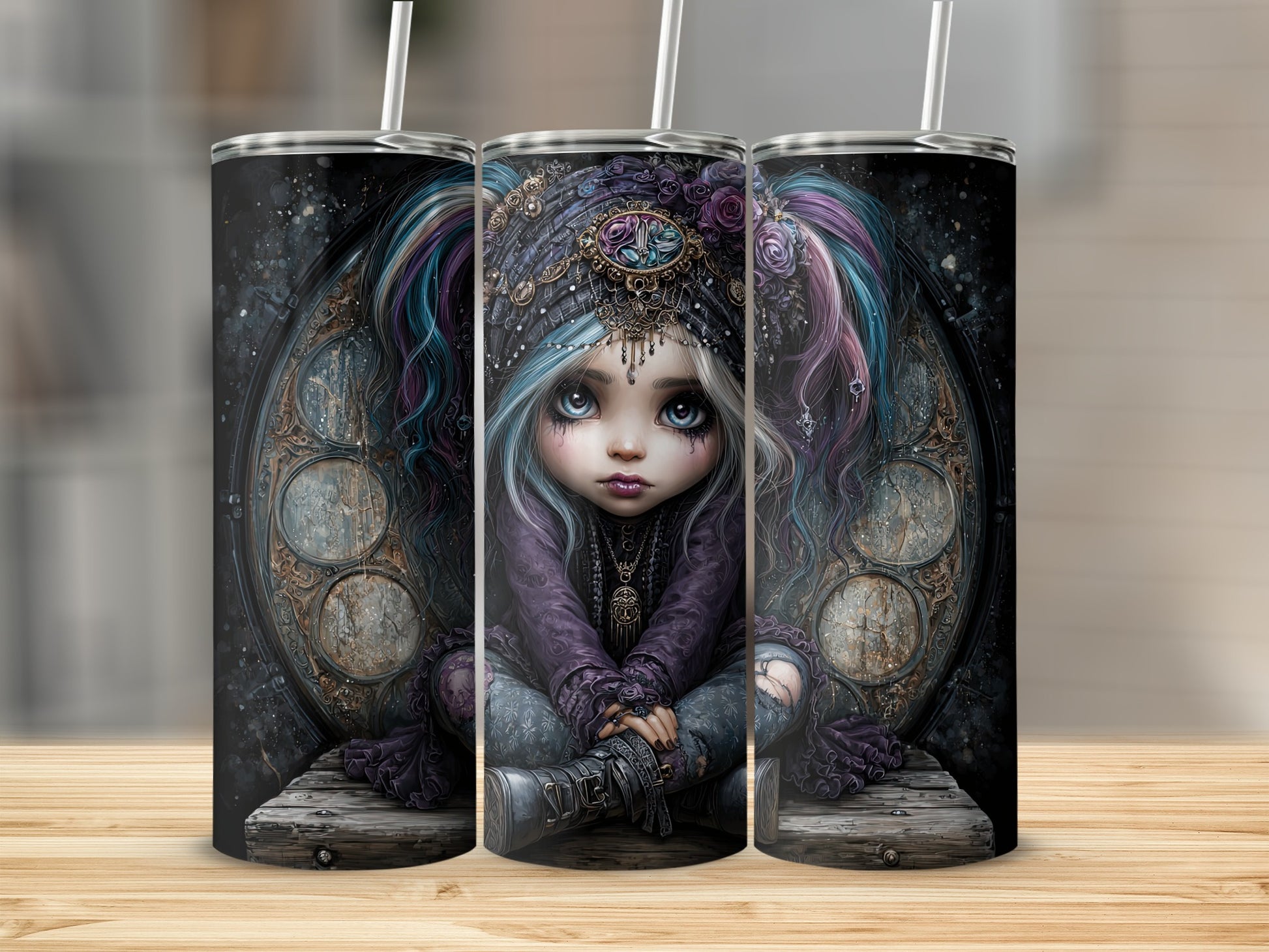 Gothic Doll with Colorful Hair Tumbler