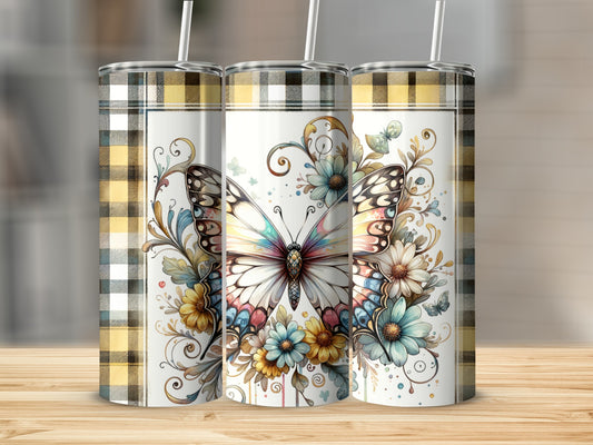 White tumbler with butterfly and floral design, plaid accents.
