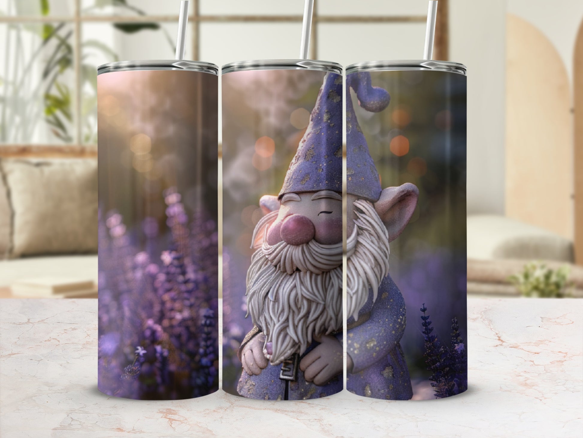 Gnome tumbler with purple starry pattern in blurry floral background.