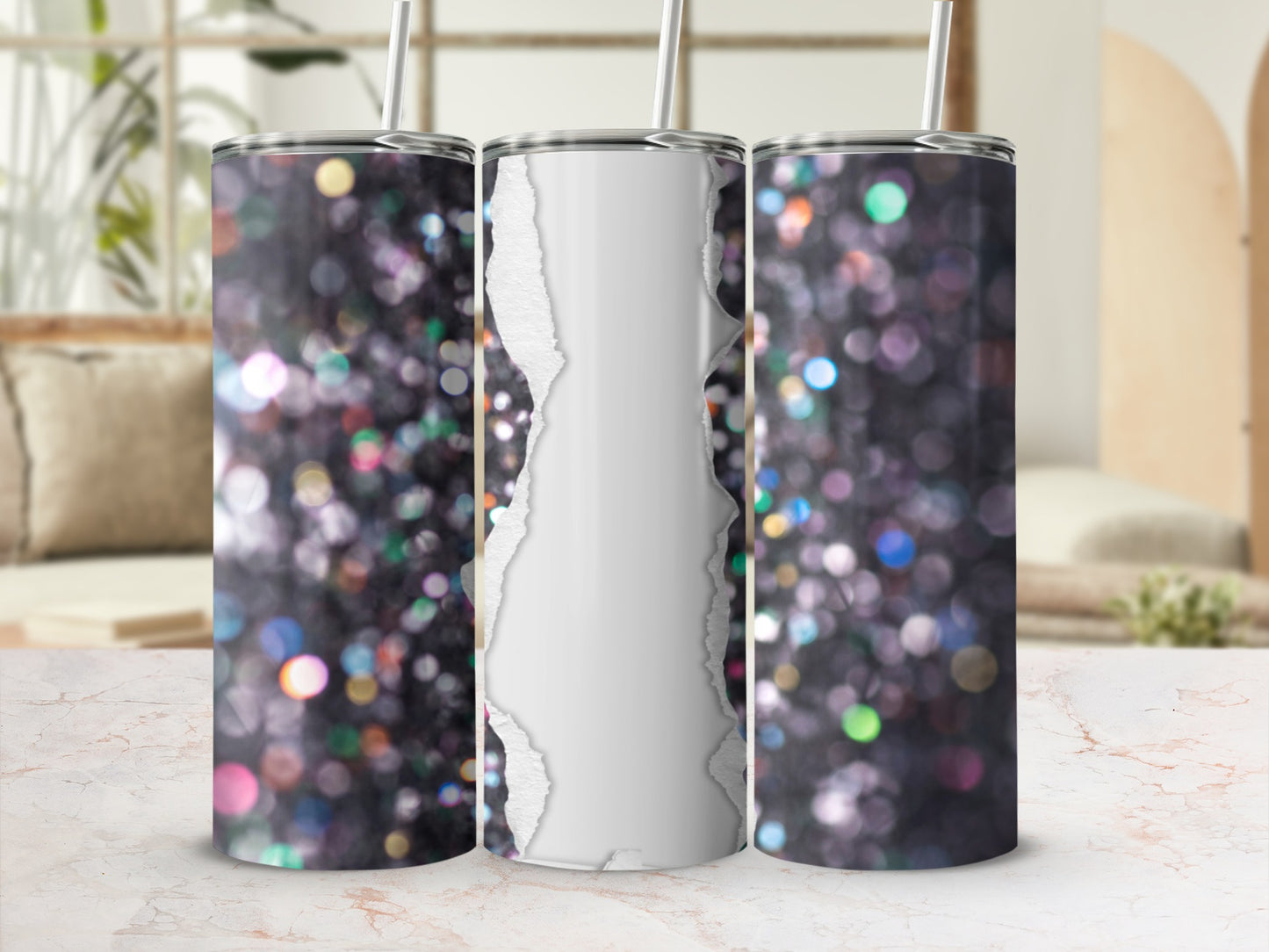 Three glitter tumblers with torn paper texture in the center.