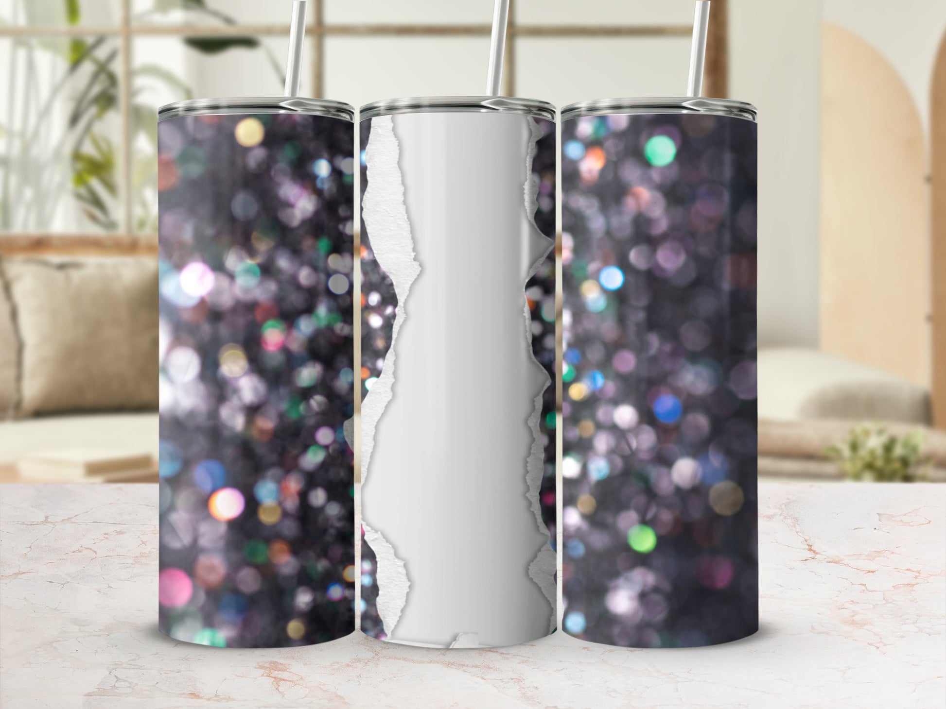 Three glitter tumblers with torn paper texture in the center.